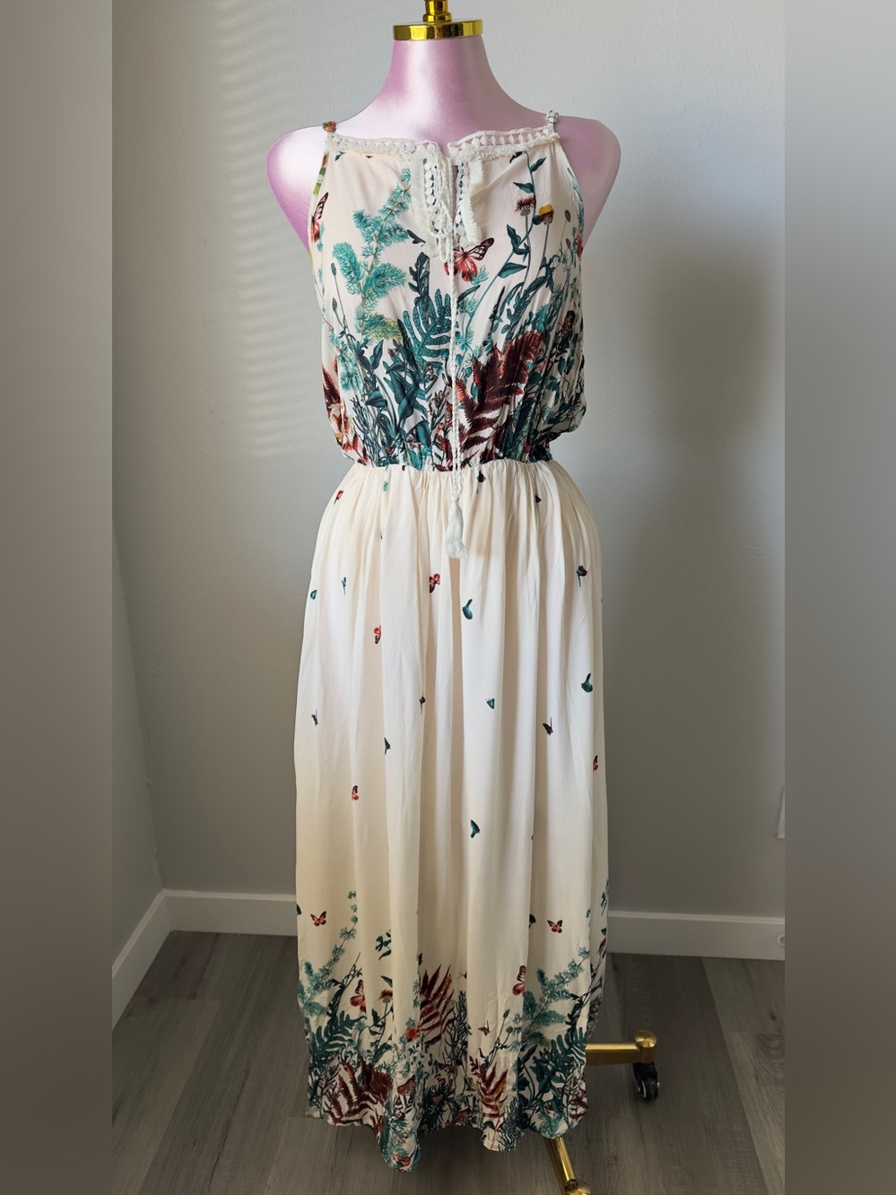 Cream Botanical Print Maxi Dress with Green & Rust Accents
